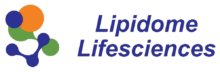 blue italic 'Lipidome Lifesciences' with atoms like pattern on the left side